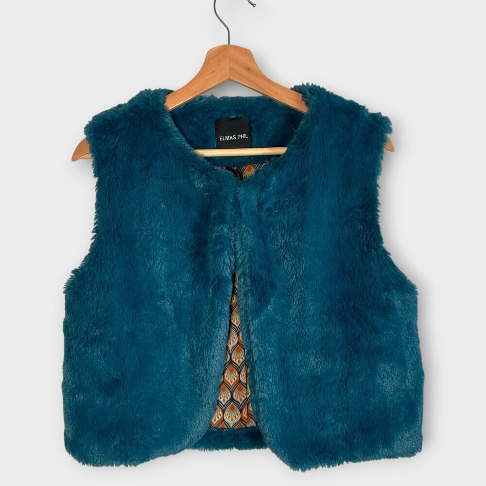 High End Elmas Phil Faux Fur Vest MEDIUM Teal Made in Italy EUC